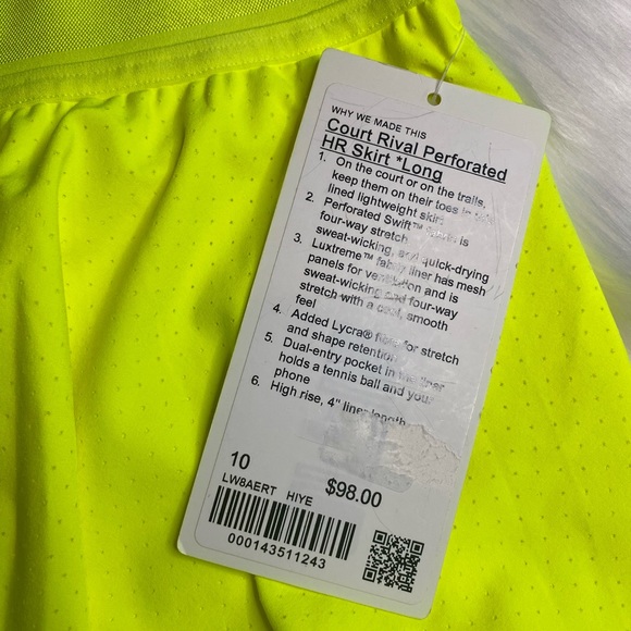 Lululemon Court Rival Perforated HR skirt*long Size 10 Yellow HIYE NWT - Picture 2 of 6